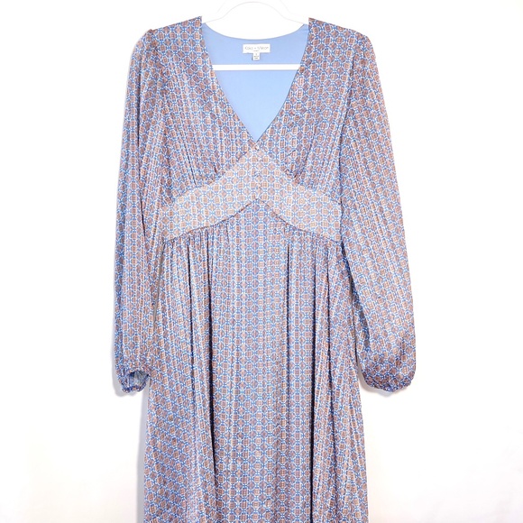 Koko Mason Geometric V-Neck Long Sleeve Midi Blue Dress SIZE S - Picture 4 of 16